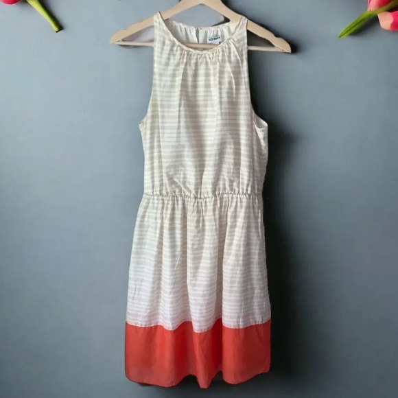Old Navy Dress Striped Halter Tan White Orange - Picture 2 of 11